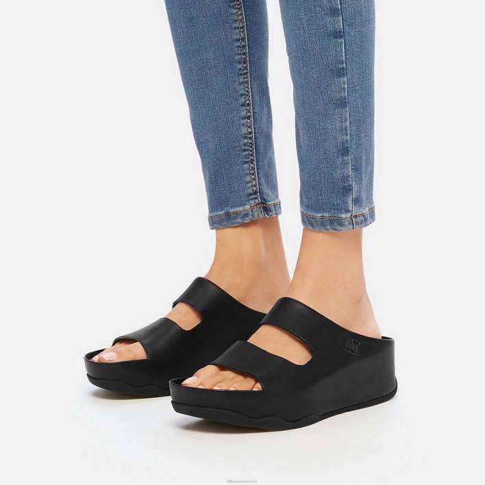 femei 8T84T184 tot negru shuv diapozitive din piele cu două bare Fitflop