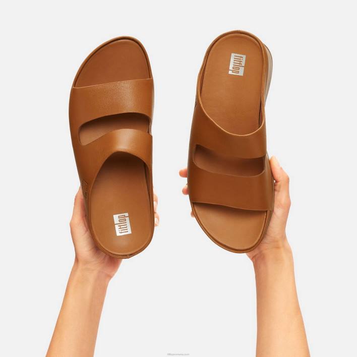 femei 8T84T185 bronz ușor shuv diapozitive din piele cu două bare Fitflop